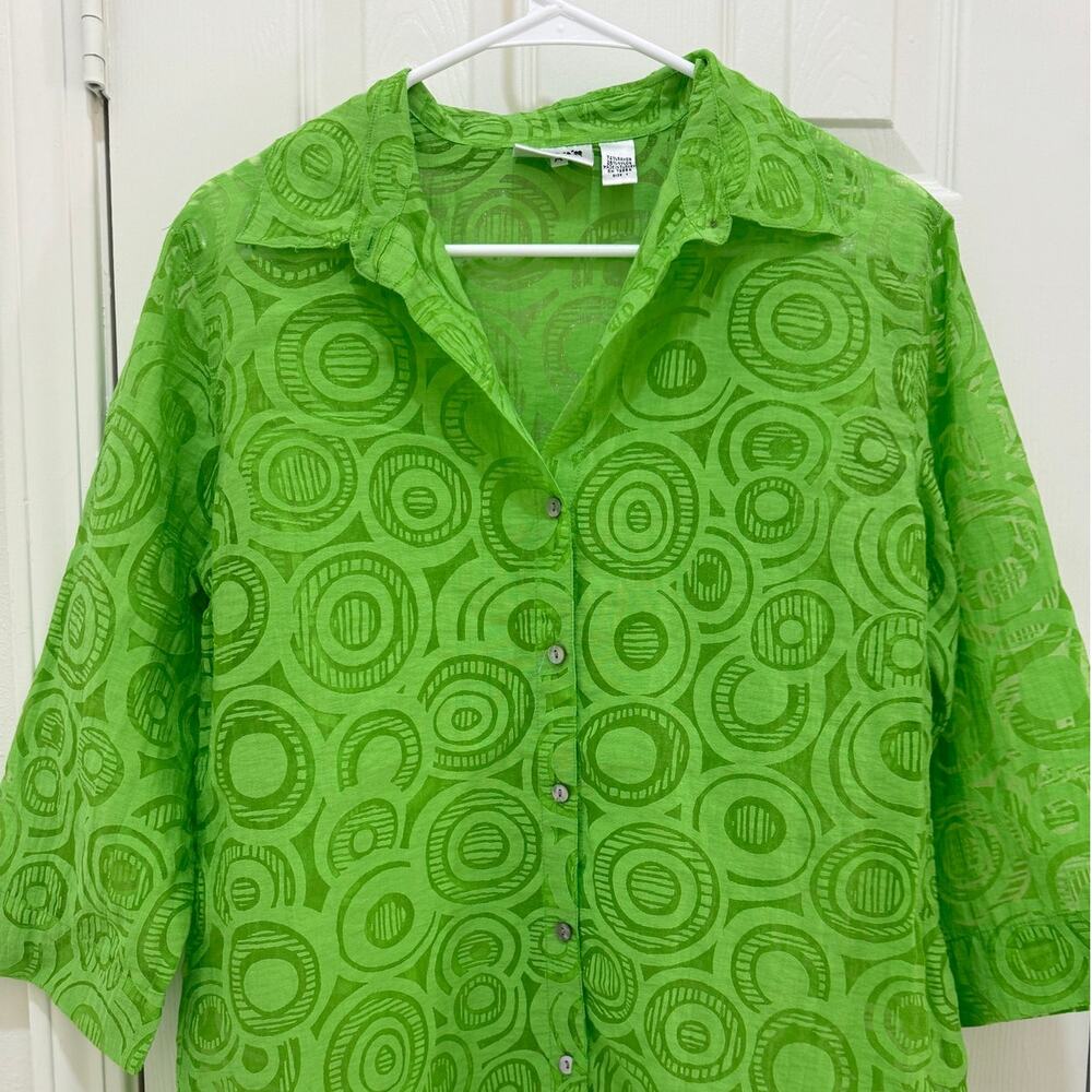 Vintage 90's Chico's Design Green Sheer 3/4 Sleeve Button Down Blouse Medium - Picture 2 of 12